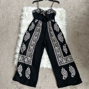 Free People Black Strapless Paisley Wide-Leg Jumpsuit with Tie and pockets